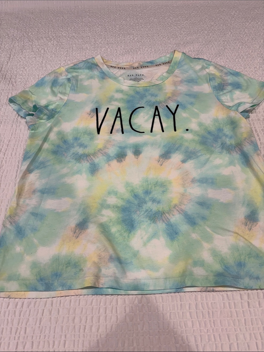 Rae Dunn Ladies VACAY." Tie-Dye Tee - Pastel Blue & Yellow
Size L
